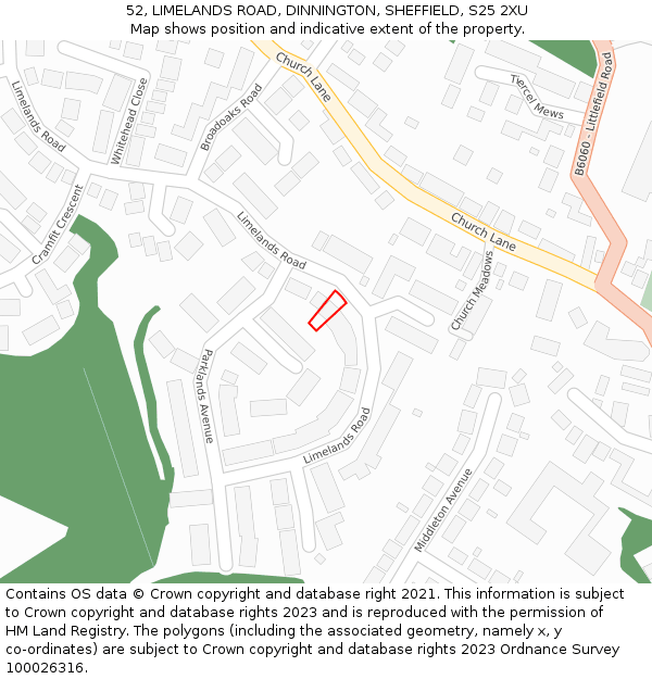 52, LIMELANDS ROAD, DINNINGTON, SHEFFIELD, S25 2XU: Location map and indicative extent of plot