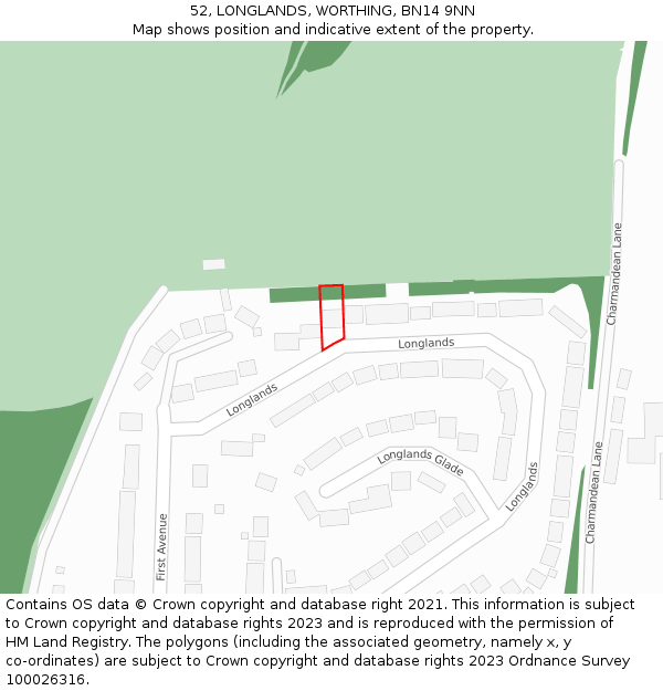 52, LONGLANDS, WORTHING, BN14 9NN: Location map and indicative extent of plot