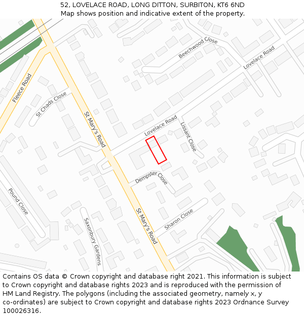 52, LOVELACE ROAD, LONG DITTON, SURBITON, KT6 6ND: Location map and indicative extent of plot