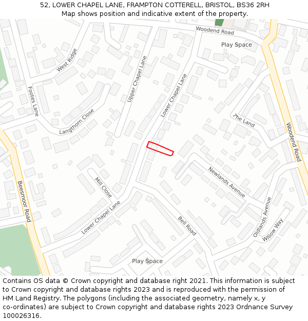 52, LOWER CHAPEL LANE, FRAMPTON COTTERELL, BRISTOL, BS36 2RH: Location map and indicative extent of plot