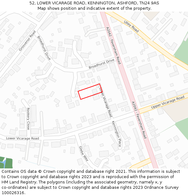 52, LOWER VICARAGE ROAD, KENNINGTON, ASHFORD, TN24 9AS: Location map and indicative extent of plot