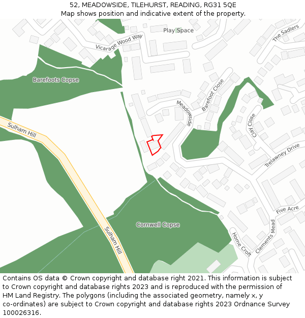 52, MEADOWSIDE, TILEHURST, READING, RG31 5QE: Location map and indicative extent of plot