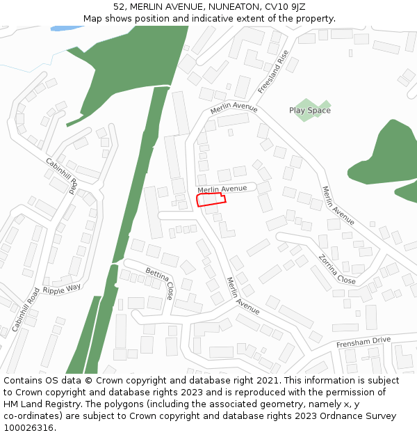 52, MERLIN AVENUE, NUNEATON, CV10 9JZ: Location map and indicative extent of plot
