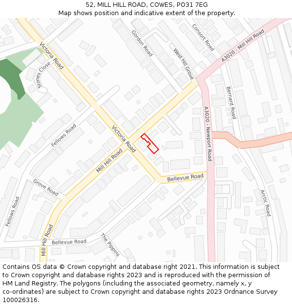 52, MILL HILL ROAD, COWES, PO31 7EG: Location map and indicative extent of plot