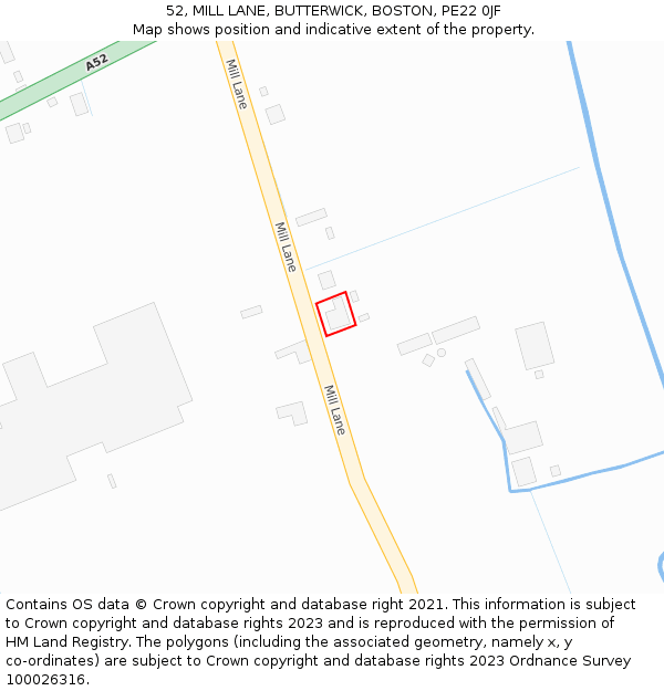 52, MILL LANE, BUTTERWICK, BOSTON, PE22 0JF: Location map and indicative extent of plot