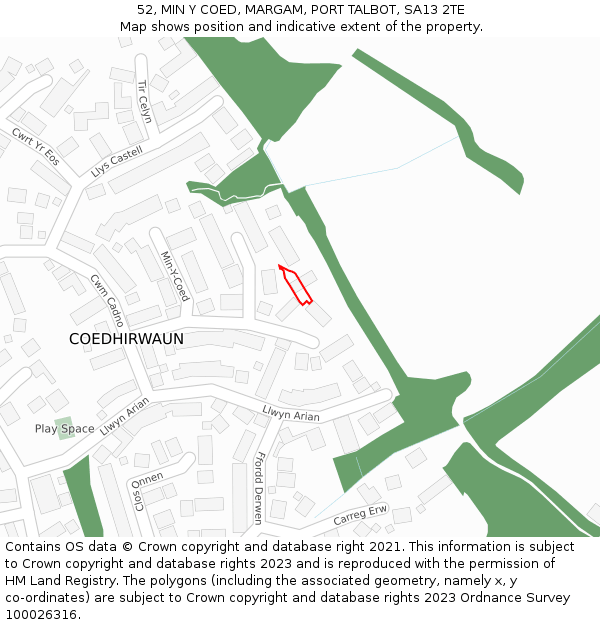 52, MIN Y COED, MARGAM, PORT TALBOT, SA13 2TE: Location map and indicative extent of plot