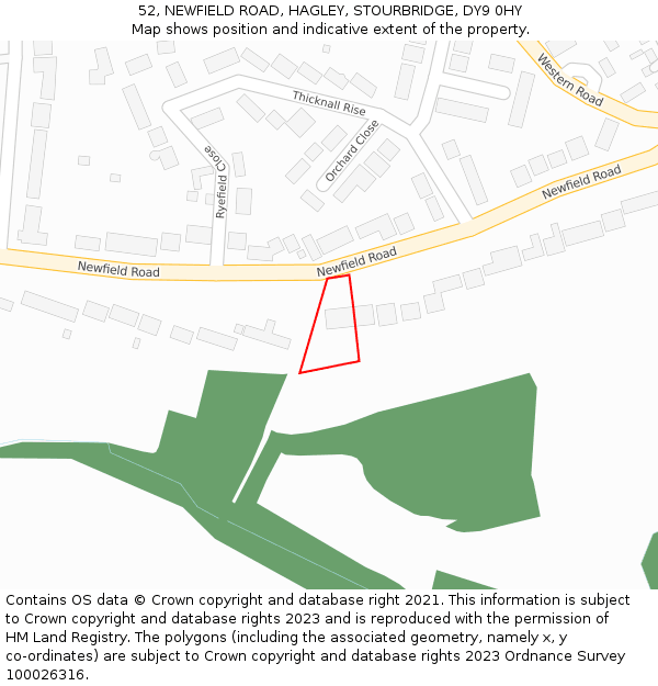 52, NEWFIELD ROAD, HAGLEY, STOURBRIDGE, DY9 0HY: Location map and indicative extent of plot