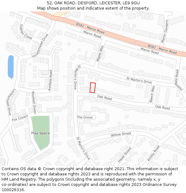 52, OAK ROAD, DESFORD, LEICESTER, LE9 9GU: Location map and indicative extent of plot