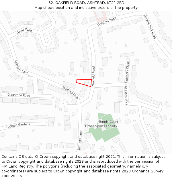 52, OAKFIELD ROAD, ASHTEAD, KT21 2RD: Location map and indicative extent of plot