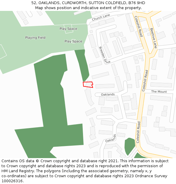 52, OAKLANDS, CURDWORTH, SUTTON COLDFIELD, B76 9HD: Location map and indicative extent of plot