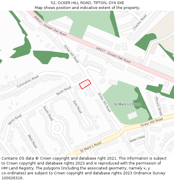 52, OCKER HILL ROAD, TIPTON, DY4 0XE: Location map and indicative extent of plot