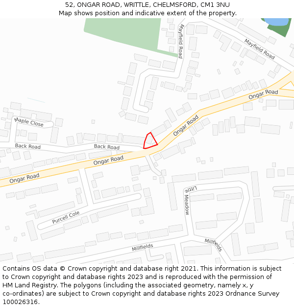 52, ONGAR ROAD, WRITTLE, CHELMSFORD, CM1 3NU: Location map and indicative extent of plot
