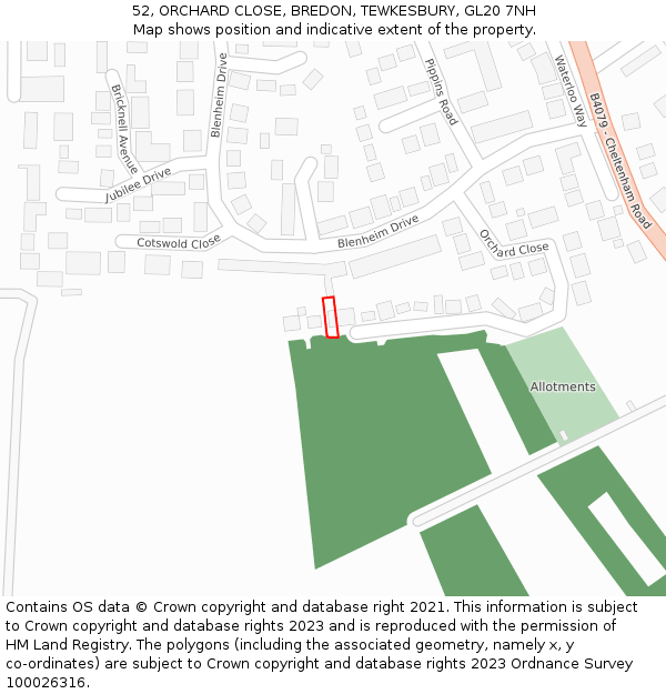 52, ORCHARD CLOSE, BREDON, TEWKESBURY, GL20 7NH: Location map and indicative extent of plot