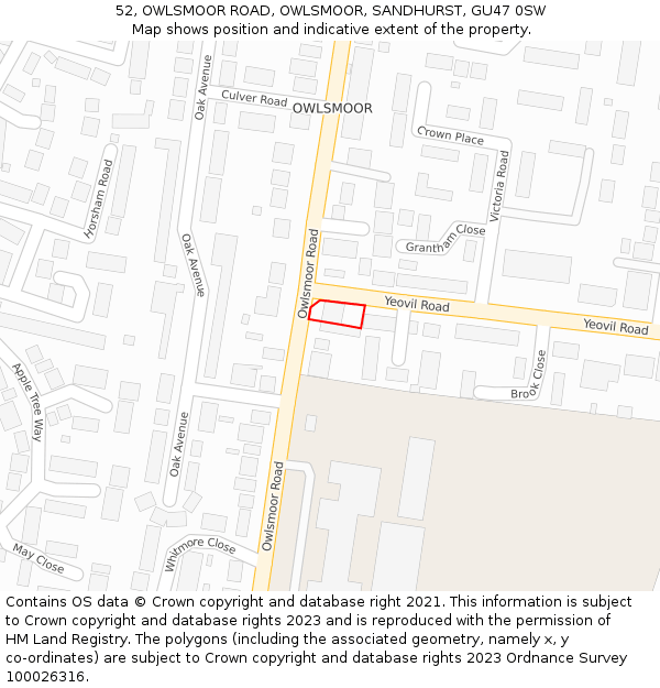 52, OWLSMOOR ROAD, OWLSMOOR, SANDHURST, GU47 0SW: Location map and indicative extent of plot