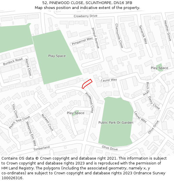 52, PINEWOOD CLOSE, SCUNTHORPE, DN16 3FB: Location map and indicative extent of plot