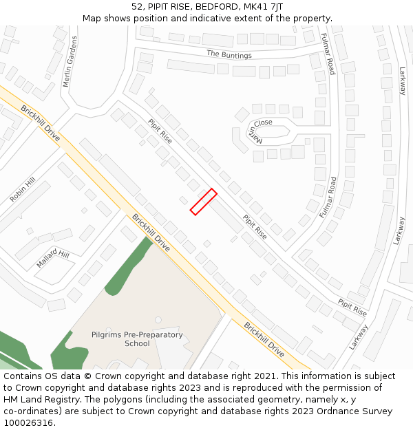 52, PIPIT RISE, BEDFORD, MK41 7JT: Location map and indicative extent of plot