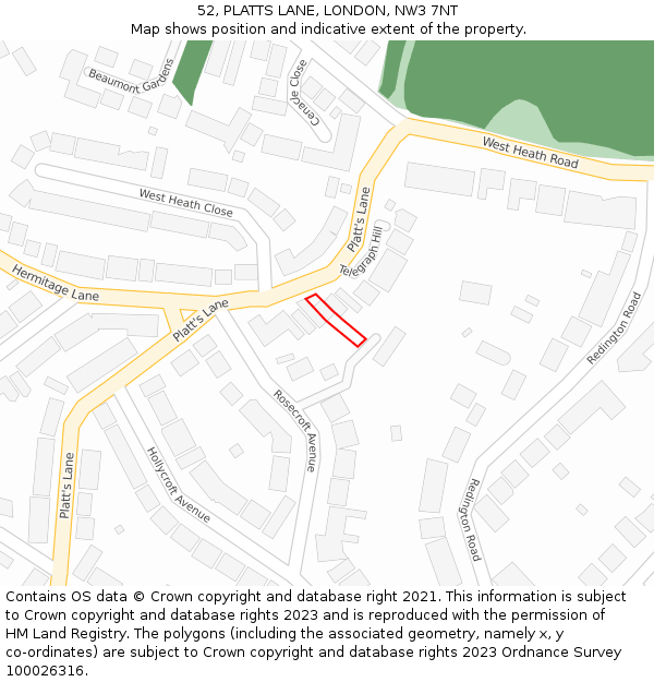 52, PLATTS LANE, LONDON, NW3 7NT: Location map and indicative extent of plot