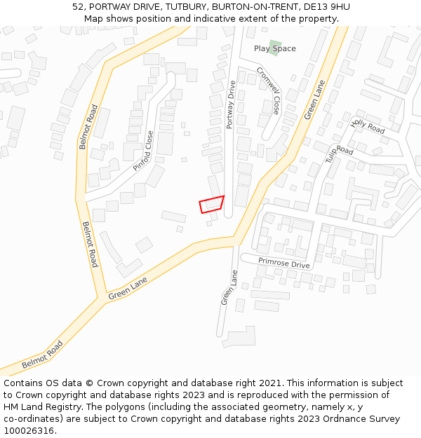 52, PORTWAY DRIVE, TUTBURY, BURTON-ON-TRENT, DE13 9HU: Location map and indicative extent of plot