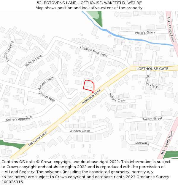 52, POTOVENS LANE, LOFTHOUSE, WAKEFIELD, WF3 3JF: Location map and indicative extent of plot