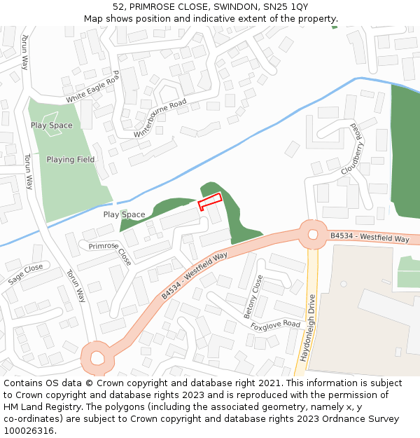 52, PRIMROSE CLOSE, SWINDON, SN25 1QY: Location map and indicative extent of plot