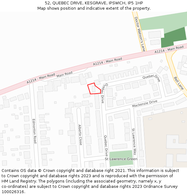 52, QUEBEC DRIVE, KESGRAVE, IPSWICH, IP5 1HP: Location map and indicative extent of plot