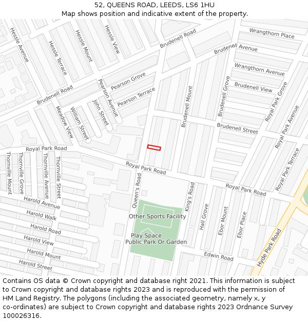 52, QUEENS ROAD, LEEDS, LS6 1HU: Location map and indicative extent of plot