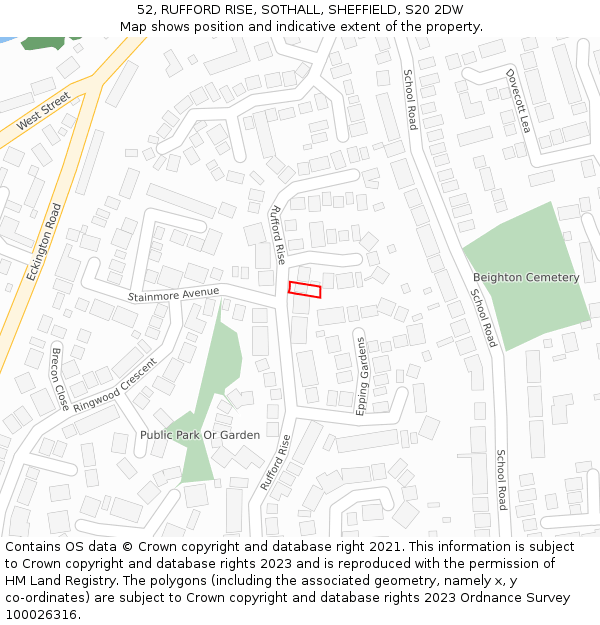 52, RUFFORD RISE, SOTHALL, SHEFFIELD, S20 2DW: Location map and indicative extent of plot