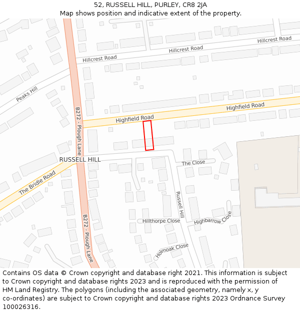 52, RUSSELL HILL, PURLEY, CR8 2JA: Location map and indicative extent of plot