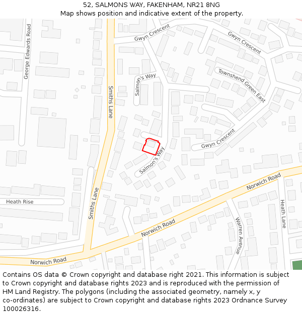 52, SALMONS WAY, FAKENHAM, NR21 8NG: Location map and indicative extent of plot