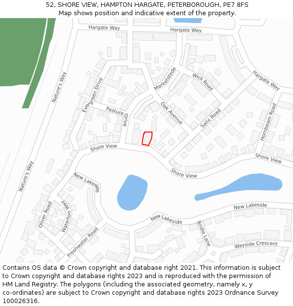 52, SHORE VIEW, HAMPTON HARGATE, PETERBOROUGH, PE7 8FS: Location map and indicative extent of plot