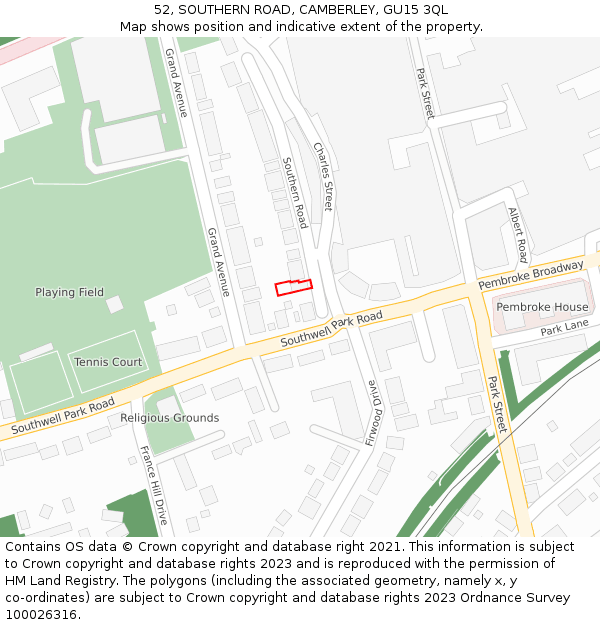 52, SOUTHERN ROAD, CAMBERLEY, GU15 3QL: Location map and indicative extent of plot