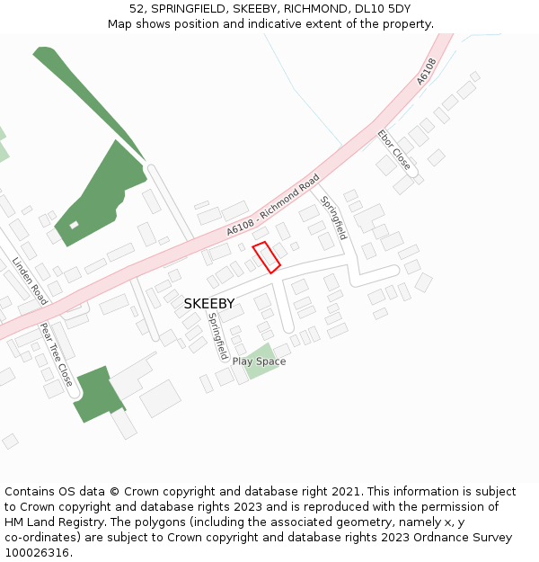 52, SPRINGFIELD, SKEEBY, RICHMOND, DL10 5DY: Location map and indicative extent of plot