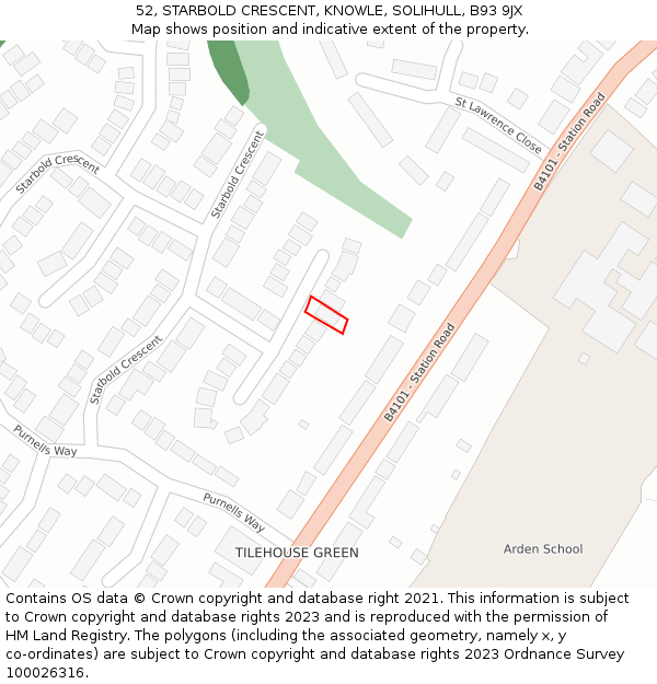 52, STARBOLD CRESCENT, KNOWLE, SOLIHULL, B93 9JX: Location map and indicative extent of plot