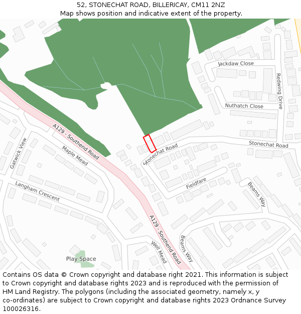 52, STONECHAT ROAD, BILLERICAY, CM11 2NZ: Location map and indicative extent of plot