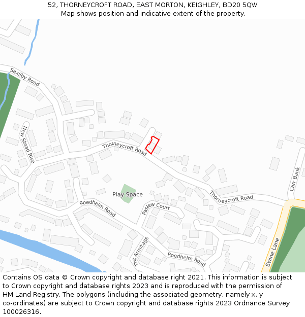 52, THORNEYCROFT ROAD, EAST MORTON, KEIGHLEY, BD20 5QW: Location map and indicative extent of plot