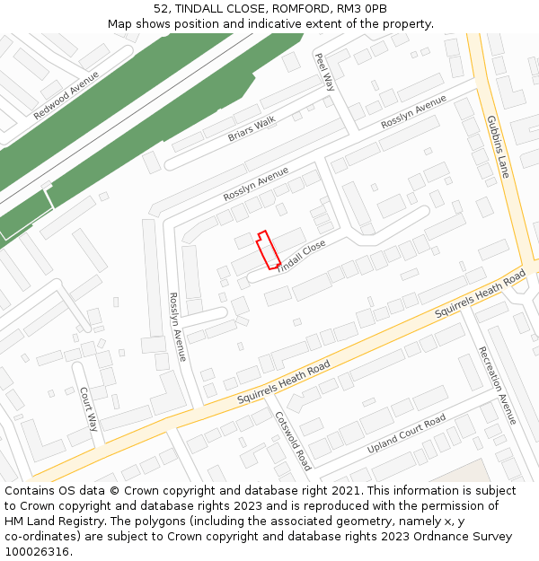 52, TINDALL CLOSE, ROMFORD, RM3 0PB: Location map and indicative extent of plot