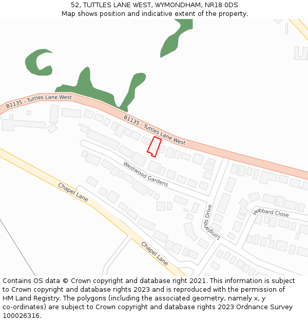 52, TUTTLES LANE WEST, WYMONDHAM, NR18 0DS: Location map and indicative extent of plot
