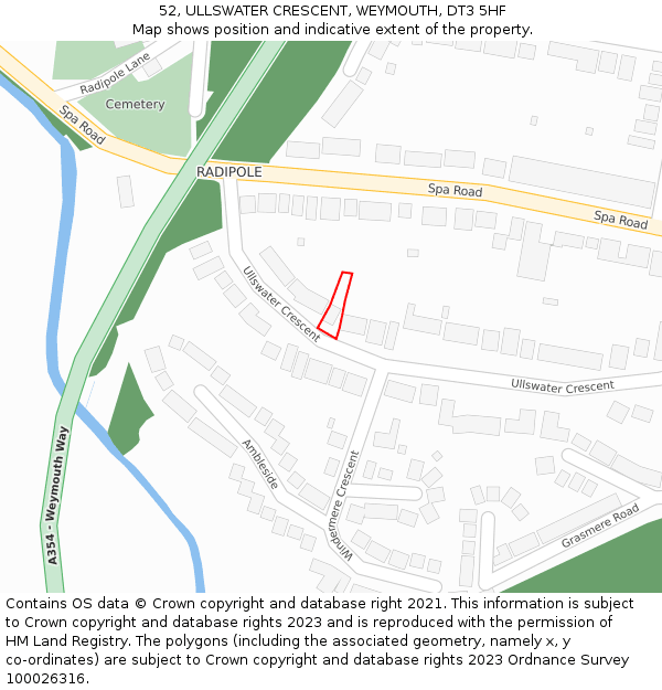 52, ULLSWATER CRESCENT, WEYMOUTH, DT3 5HF: Location map and indicative extent of plot