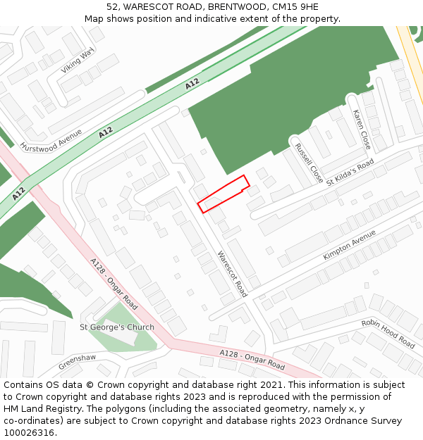 52, WARESCOT ROAD, BRENTWOOD, CM15 9HE: Location map and indicative extent of plot