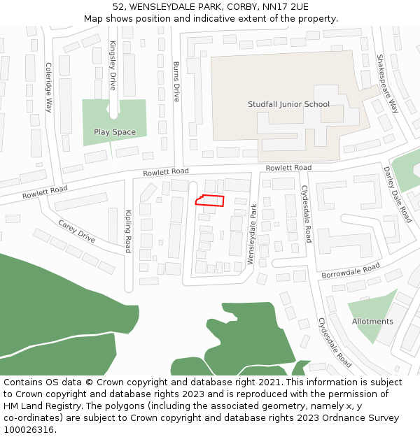 52, WENSLEYDALE PARK, CORBY, NN17 2UE: Location map and indicative extent of plot