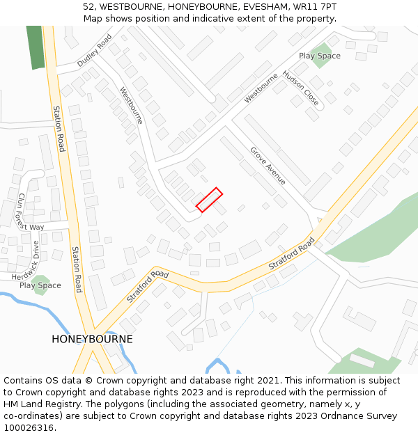 52, WESTBOURNE, HONEYBOURNE, EVESHAM, WR11 7PT: Location map and indicative extent of plot