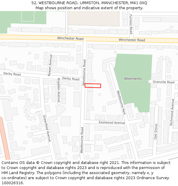 52, WESTBOURNE ROAD, URMSTON, MANCHESTER, M41 0XQ: Location map and indicative extent of plot