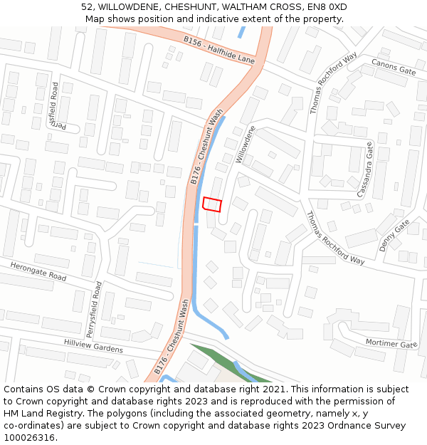 52, WILLOWDENE, CHESHUNT, WALTHAM CROSS, EN8 0XD: Location map and indicative extent of plot