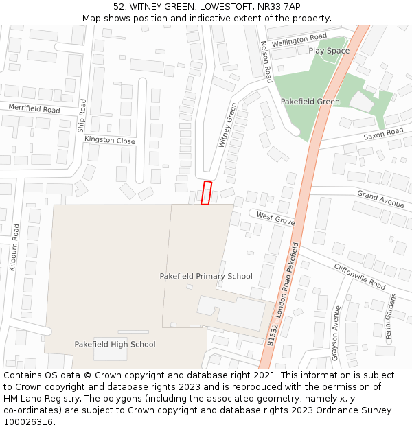 52, WITNEY GREEN, LOWESTOFT, NR33 7AP: Location map and indicative extent of plot