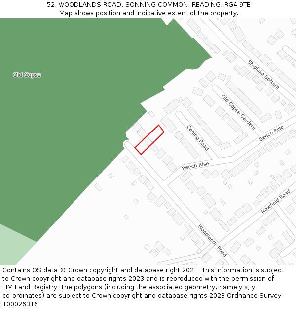 52, WOODLANDS ROAD, SONNING COMMON, READING, RG4 9TE: Location map and indicative extent of plot