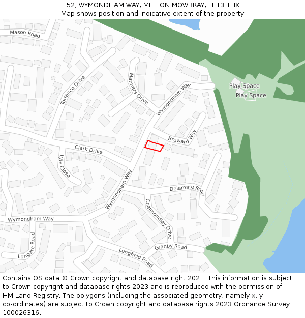 52, WYMONDHAM WAY, MELTON MOWBRAY, LE13 1HX: Location map and indicative extent of plot
