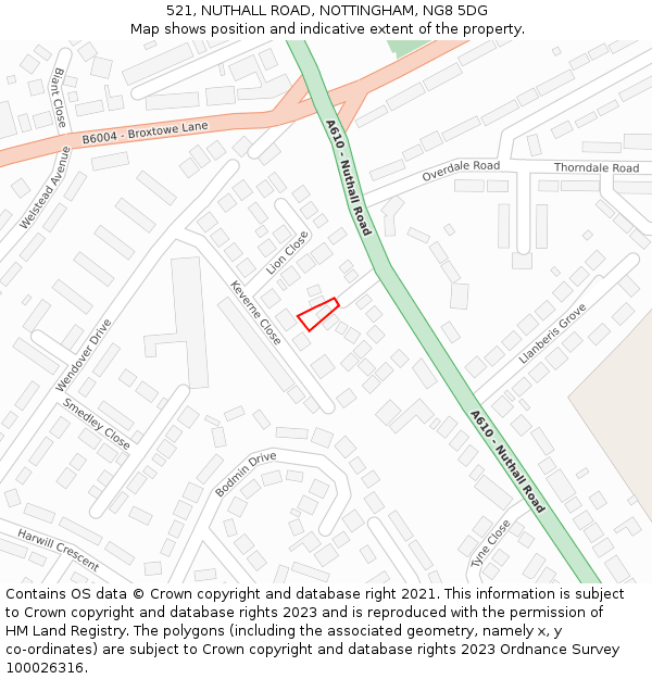 521, NUTHALL ROAD, NOTTINGHAM, NG8 5DG: Location map and indicative extent of plot