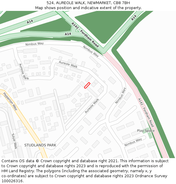 524, AUREOLE WALK, NEWMARKET, CB8 7BH: Location map and indicative extent of plot
