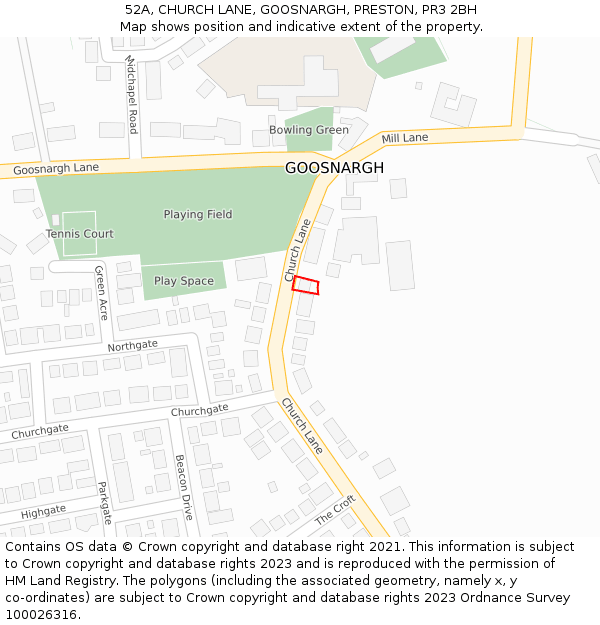 52A, CHURCH LANE, GOOSNARGH, PRESTON, PR3 2BH: Location map and indicative extent of plot