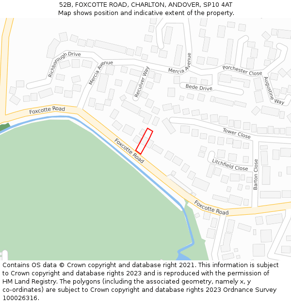 52B, FOXCOTTE ROAD, CHARLTON, ANDOVER, SP10 4AT: Location map and indicative extent of plot